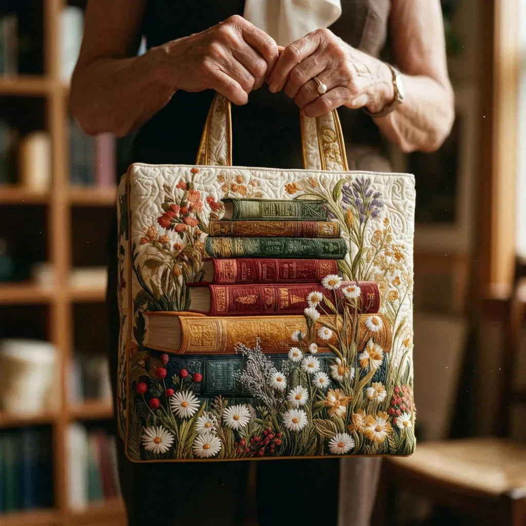 Sac souple Delilah en toile claire, poignées en cuir et broderie fleurs et livres