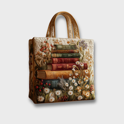 Sac souple Delilah, toile claire avec broderie de livres anciens, fleurs et poignées cuir