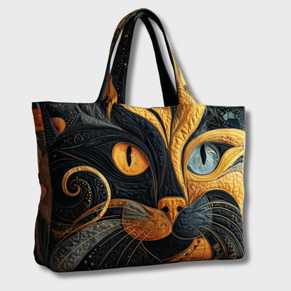 Sac souple Freya en tissu sombre, motif chat en appliqués dorés, anses longues