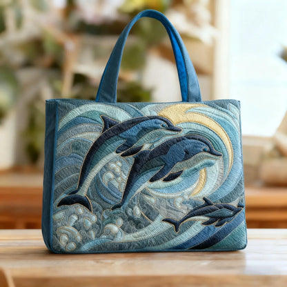 Sac à main bleu brodé de dauphins, anses solides et fond structuré