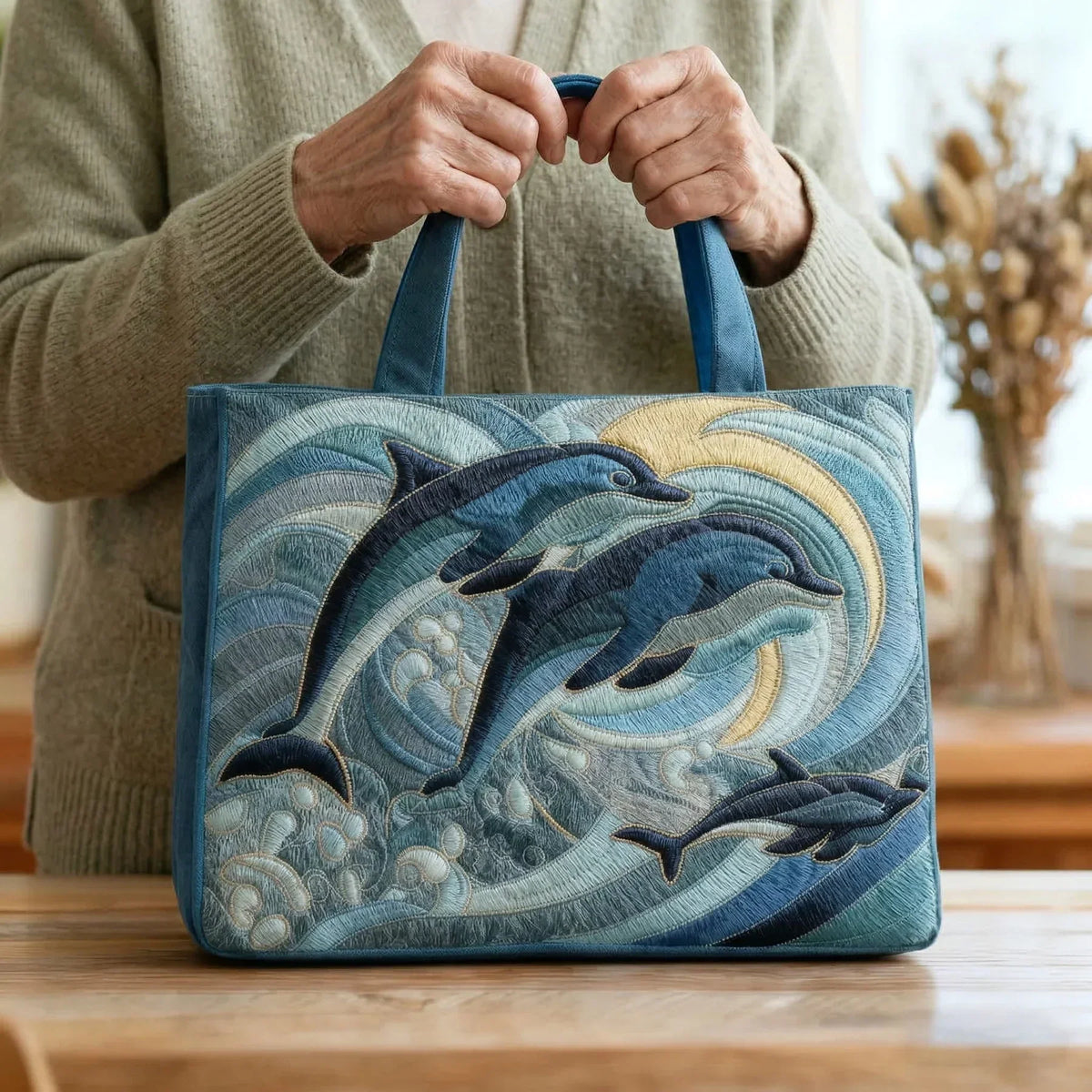 Sac à main bleu avec motif brodé de dauphins, anses courtes