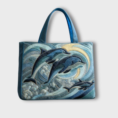 Sac à main en tissu bleu, motif brodé de dauphins et lune, anses