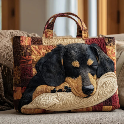 Sac matelassé patchwork avec applique chien endormi, anses tressées, grand format.