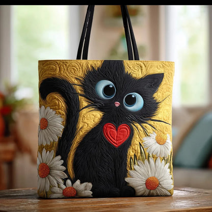 Sac tote jaune avec chat noir aux yeux bleus et cœur rouge, anses noires