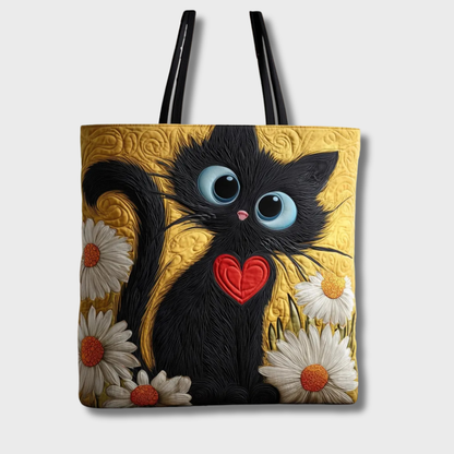 Sac tote jaune à motif chat noir et fleurs blanches, anses noires