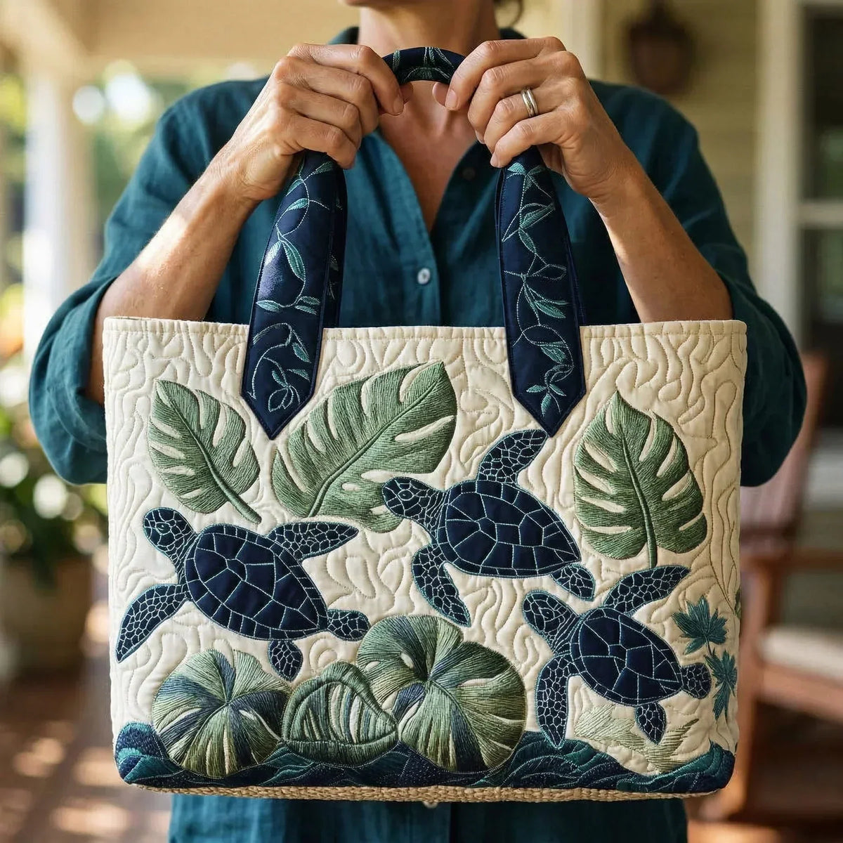 Sac cabas en tissu ivoire, broderie tropicale (feuilles, tortues) et anses bleu marine.