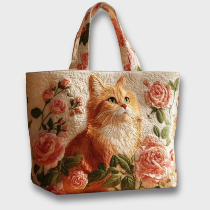 Sac fourre-tout souple fait main, chat roux et fleurs, anses en tissu.