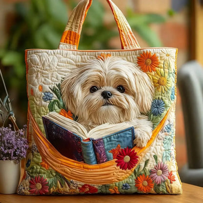 Sac cabas matelassé motif chien lisant, fleurs colorées et pochette pour livres