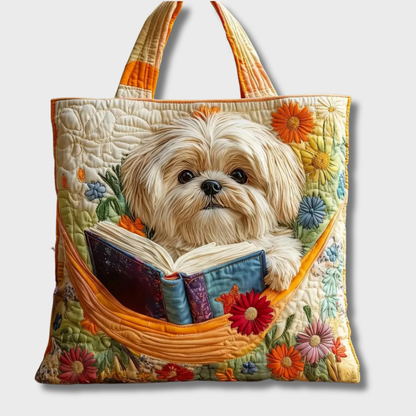 Petit sac cabas matelassé motif chien, fleurs et pochette ouverte pour livres