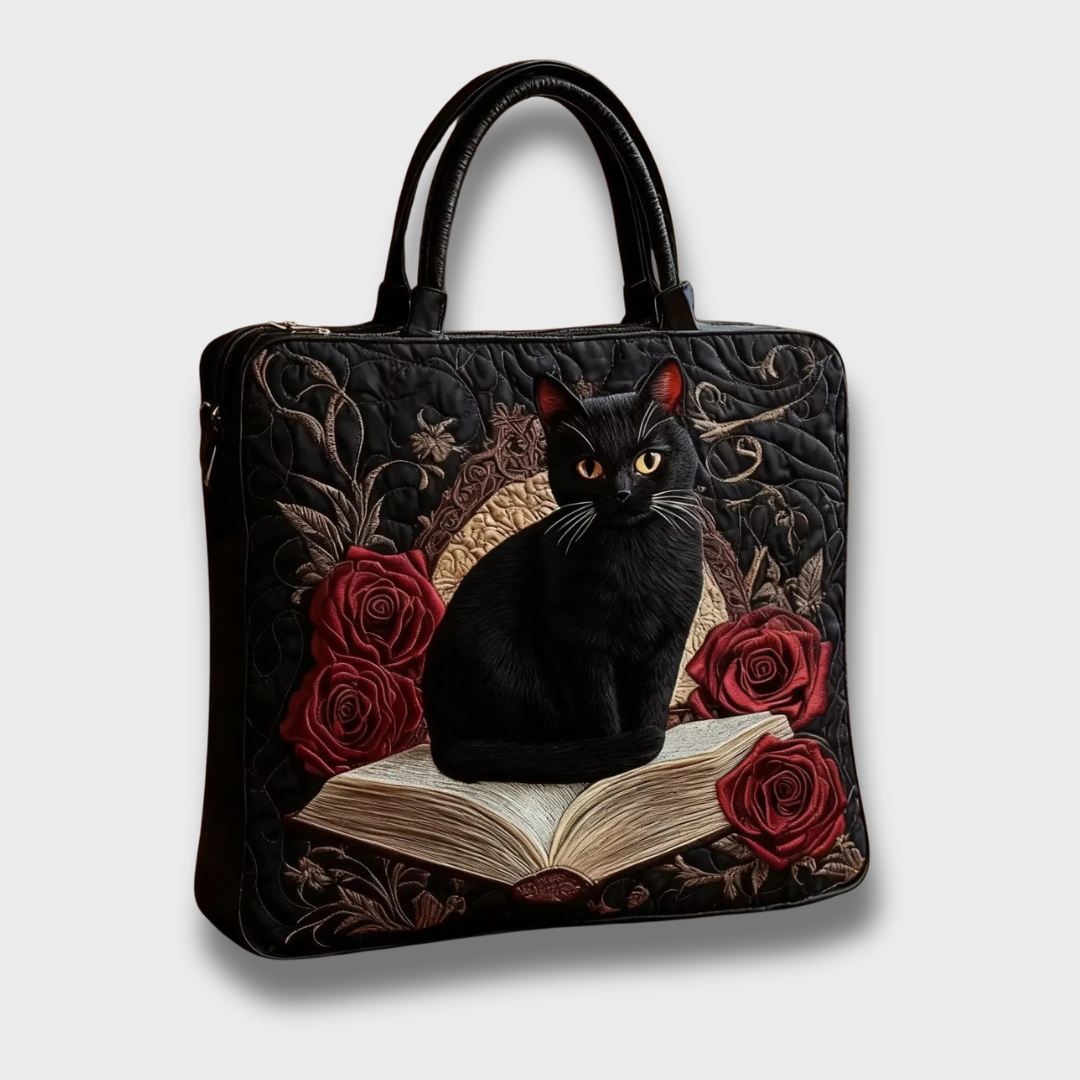 Sac cabas artisanal noir à poignées, chat noir brodé, roses rouges et livre