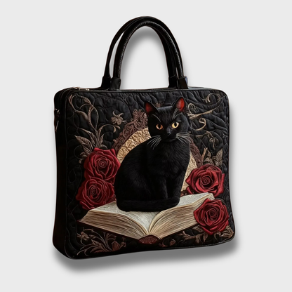 Sac cabas artisanal noir à poignées, chat noir brodé, roses rouges et livre