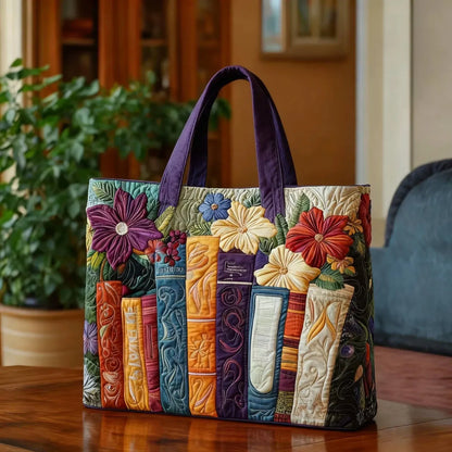 Sac cabas matelassé en patchwork multicolore avec grandes fleurs, anses violettes.