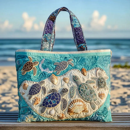 Sac cabas turquoise à motif tortues et coquillages, anses rembourrées bleu marine