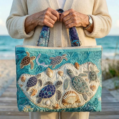 Sac cabas souple fait main turquoise, poignées bleu marine, appliqués tortues et coquillages