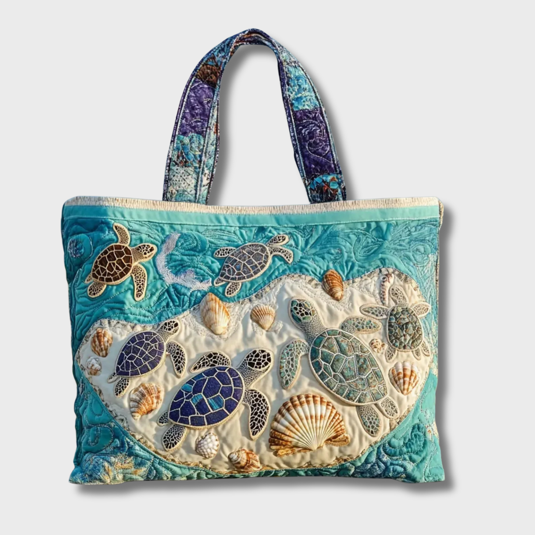 Sac cabas turquoise avec doublure claire, motif tortues marines et coquillages, deux anses