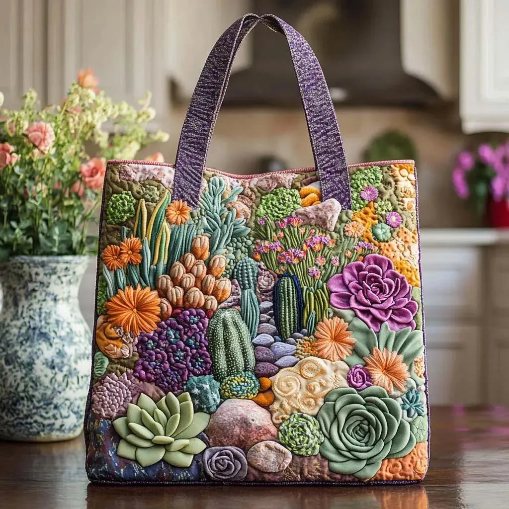Sac tote matelassé fait main, motif floral et cactus en relief, grandes anses violettes.