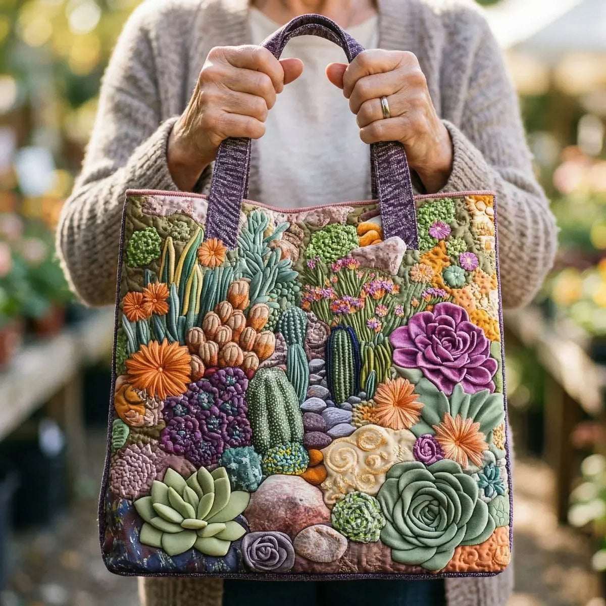 Sac Kinsley matelassé fait main, anses violettes, motif fleurs et cactus en relief.