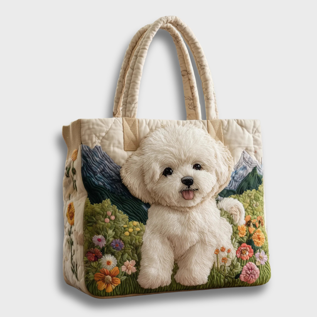 Sac à main beige avec motif chien blanc et jardin fleuri, poignées rembourrées