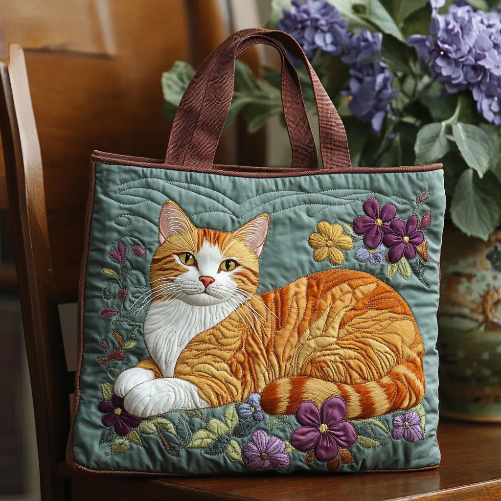 Sac à main matelassé vert avec anses marron, chat roux en appliqué et fleurs.