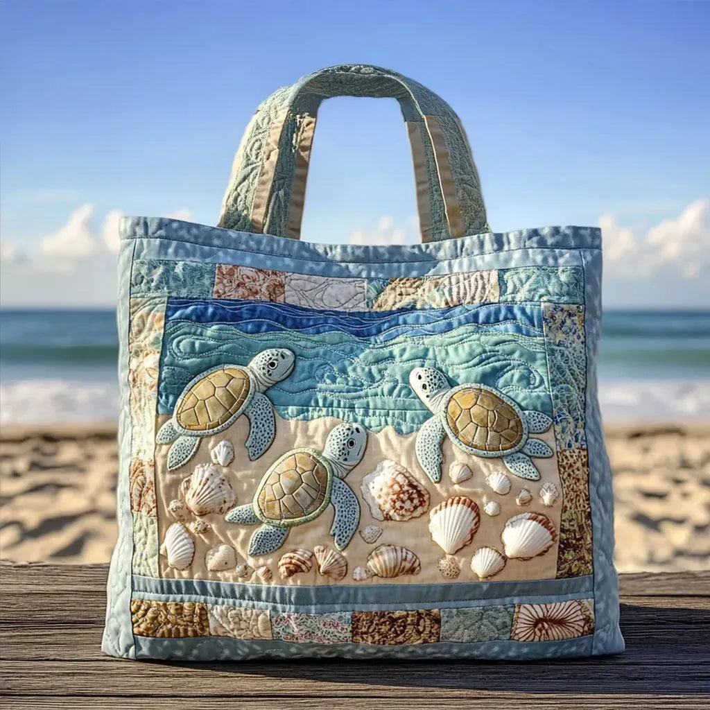 Sac Amelia souple fait main, patchwork bleu, tortues marines et coquillages en appliqués