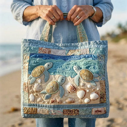 Sac Amelia souple fait main en patchwork bleu, anses et tortues marines et coquillages