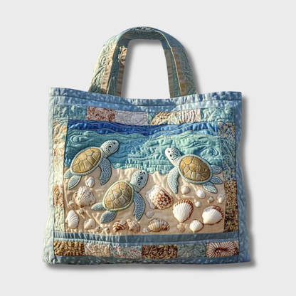Sac Amelia souple en patchwork bleu clair avec anses, décor tortues marines et coquillages