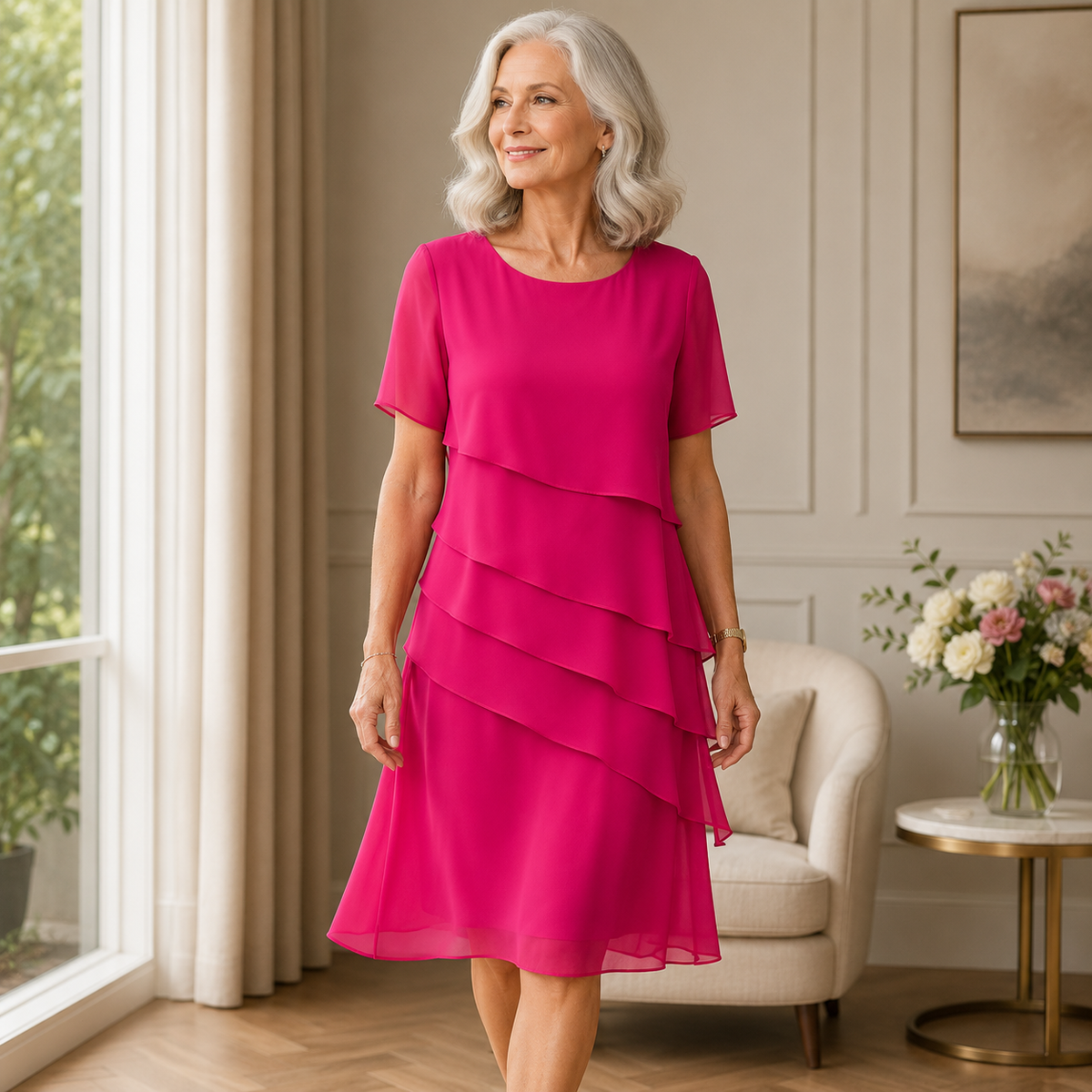 Robe à volants rose fuchsia, manches courtes, décolleté rond, coupe mi-longue