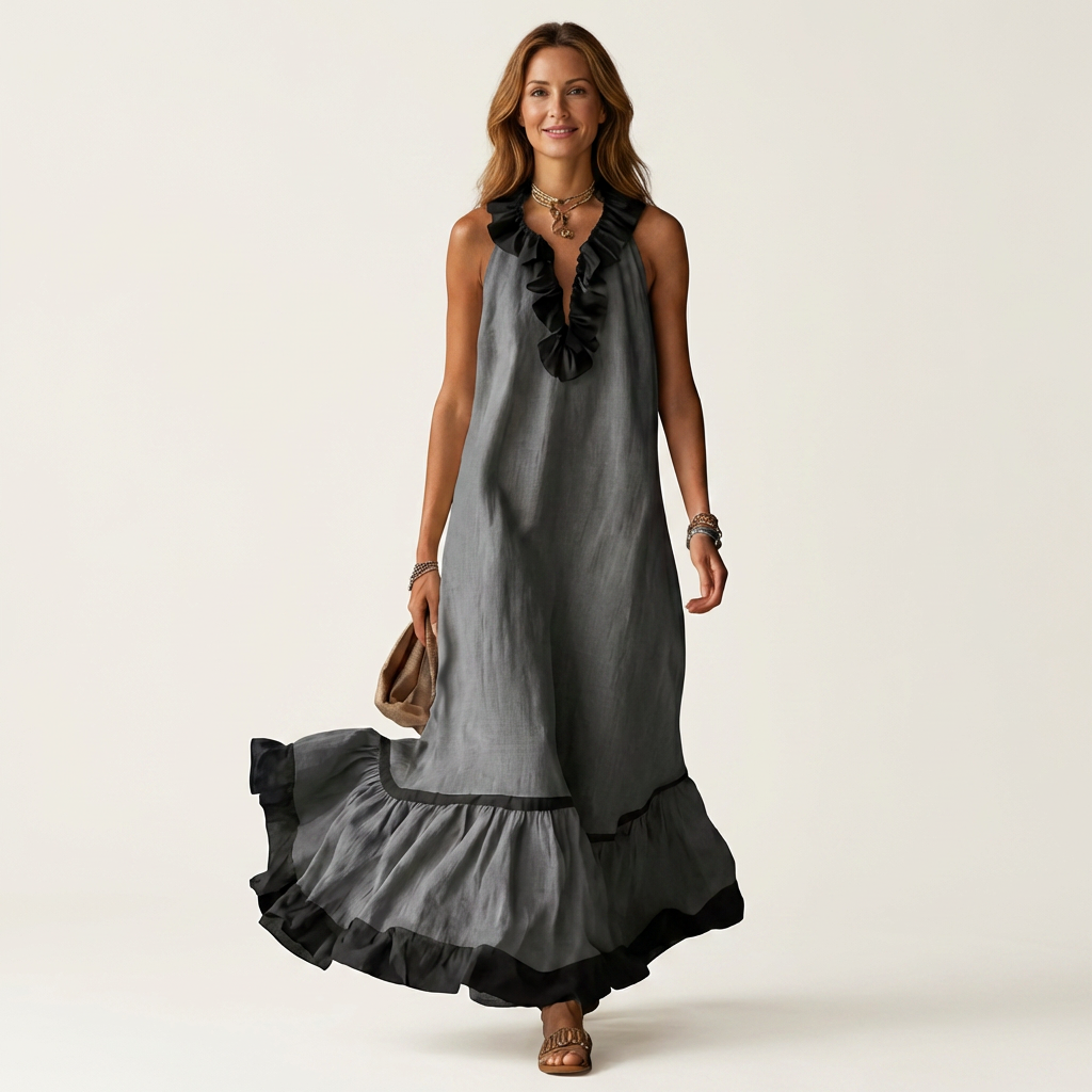 Mayline | Robe longue sans manches à col volanté et bords contrastants