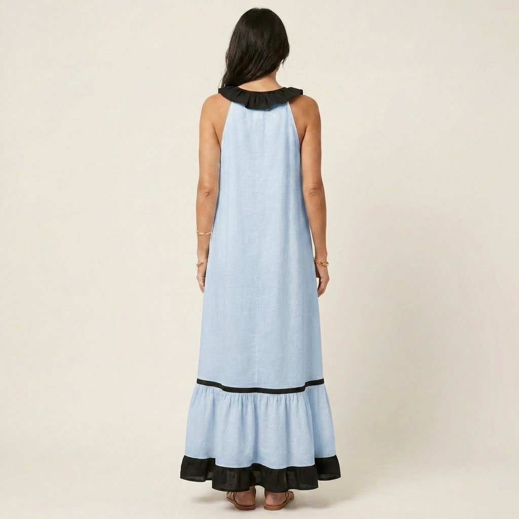 Mayline | Robe longue sans manches à col volanté et bords contrastants
