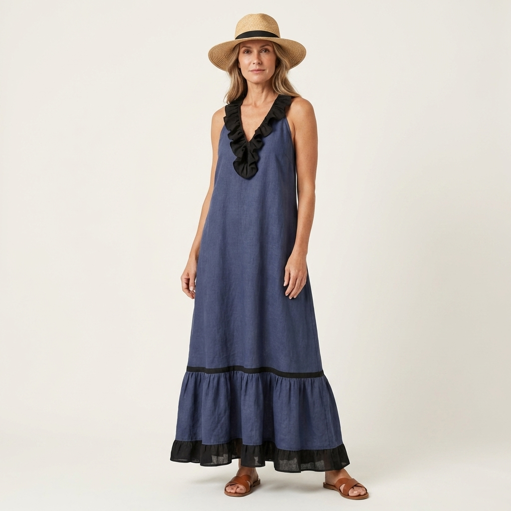 Mayline | Robe longue sans manches à col volanté et bords contrastants