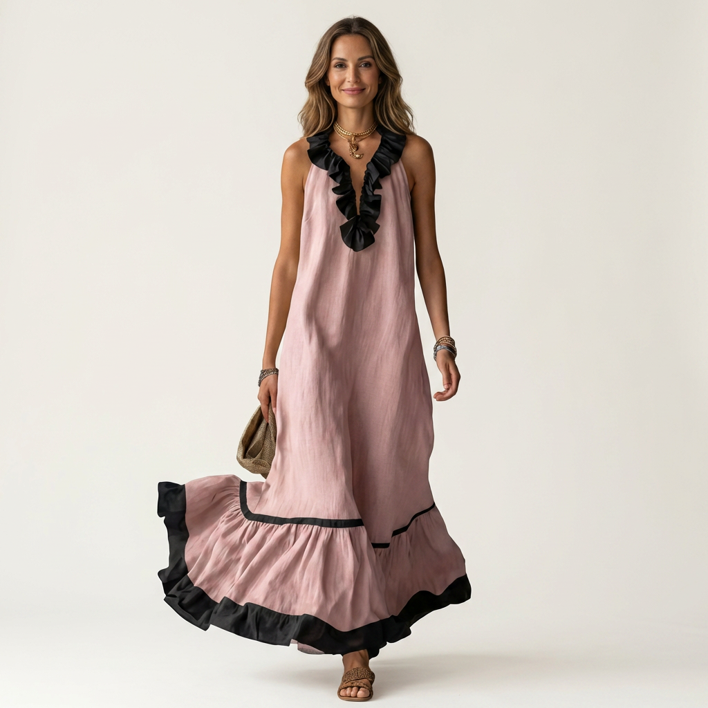 Mayline | Robe longue sans manches à col volanté et bords contrastants
