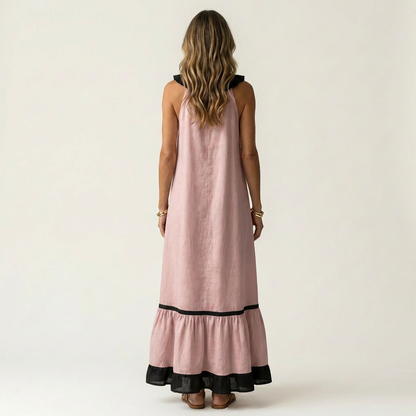 Mayline | Robe longue sans manches à col volanté et bords contrastants