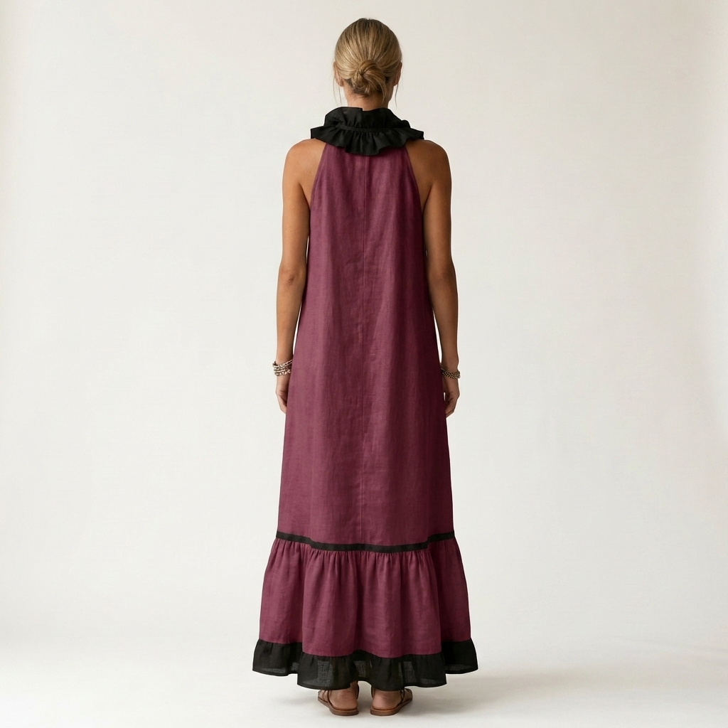 Mayline | Robe longue sans manches à col volanté et bords contrastants