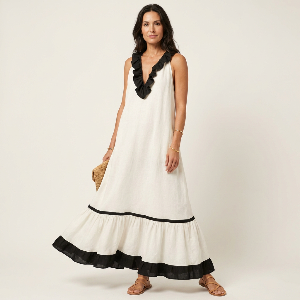 Mayline | Robe longue sans manches à col volanté et bords contrastants