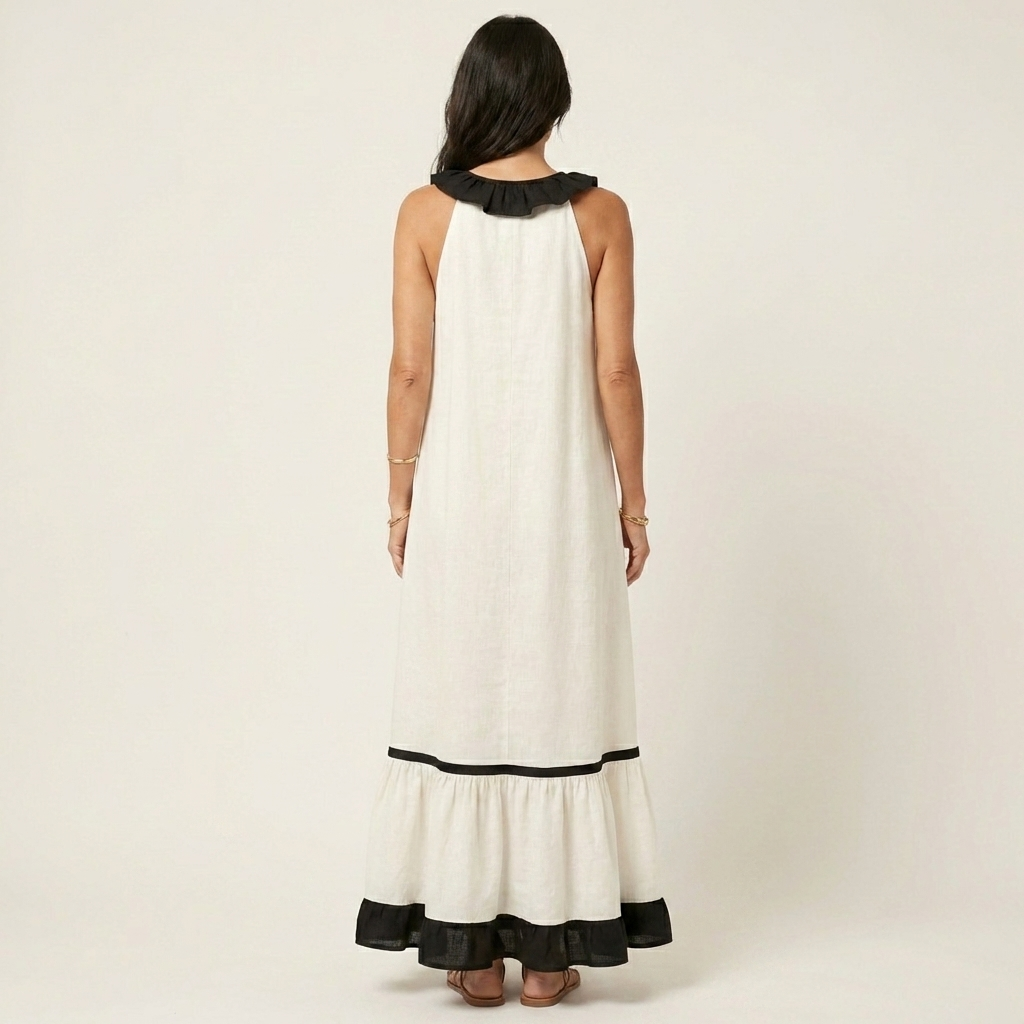Mayline | Robe longue sans manches à col volanté et bords contrastants