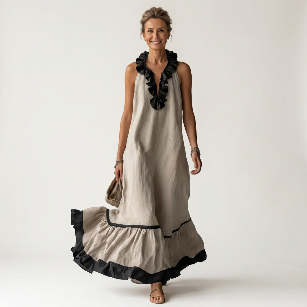 Mayline | Robe longue sans manches à col volanté et bords contrastants