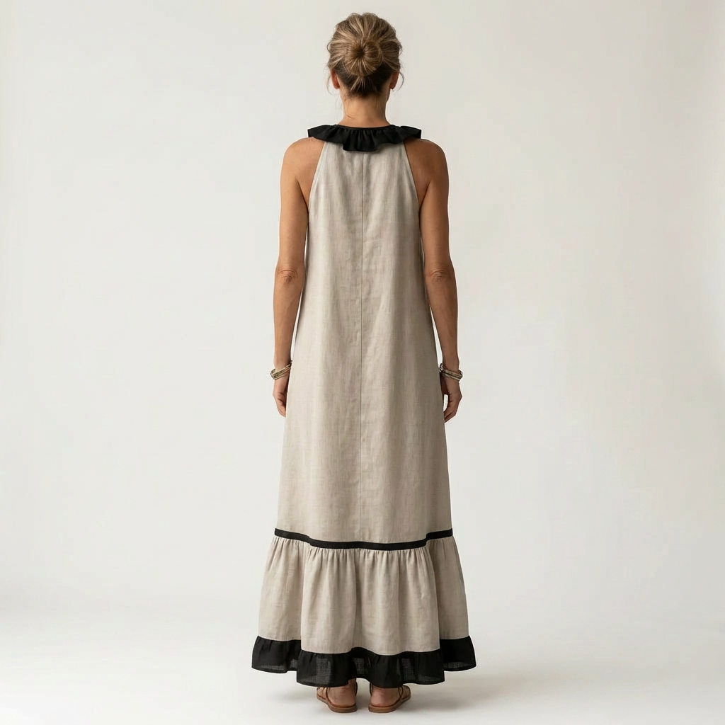 Mayline | Robe longue sans manches à col volanté et bords contrastants