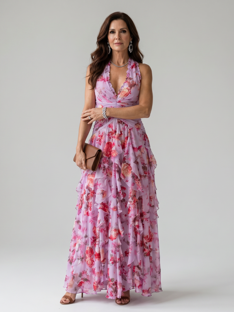Robe longue fleurie rose, col halter, corsage drapé, silhouette fluide
