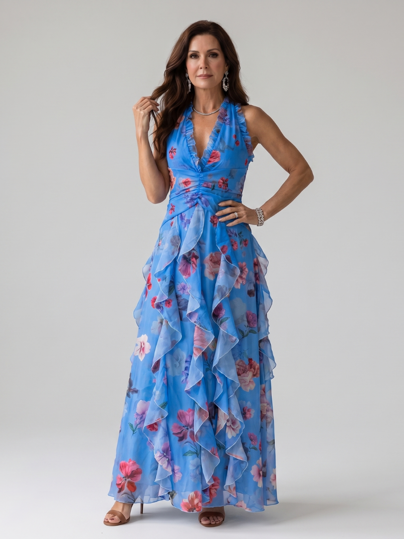 Robe longue fleurie bleue, col halter et corsage drapé, jupe évasée