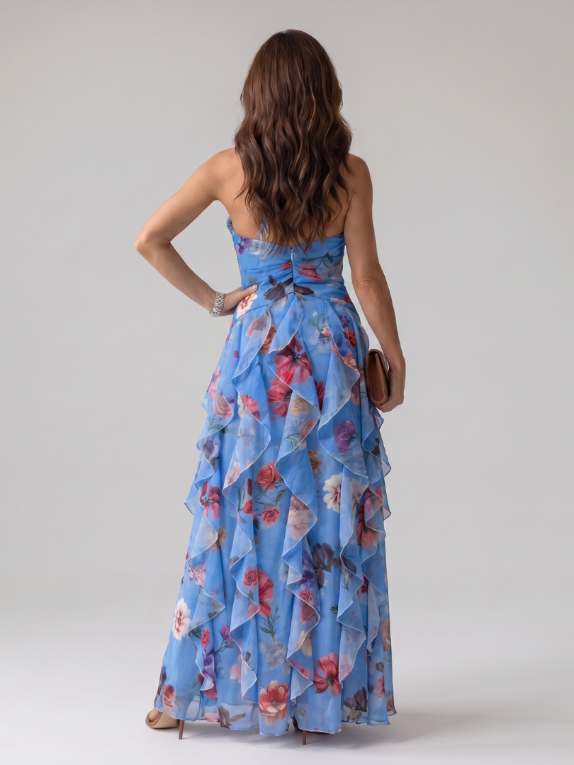 Robe longue fleurie bleue, col halter, corsage drapé à nœud, dos nu