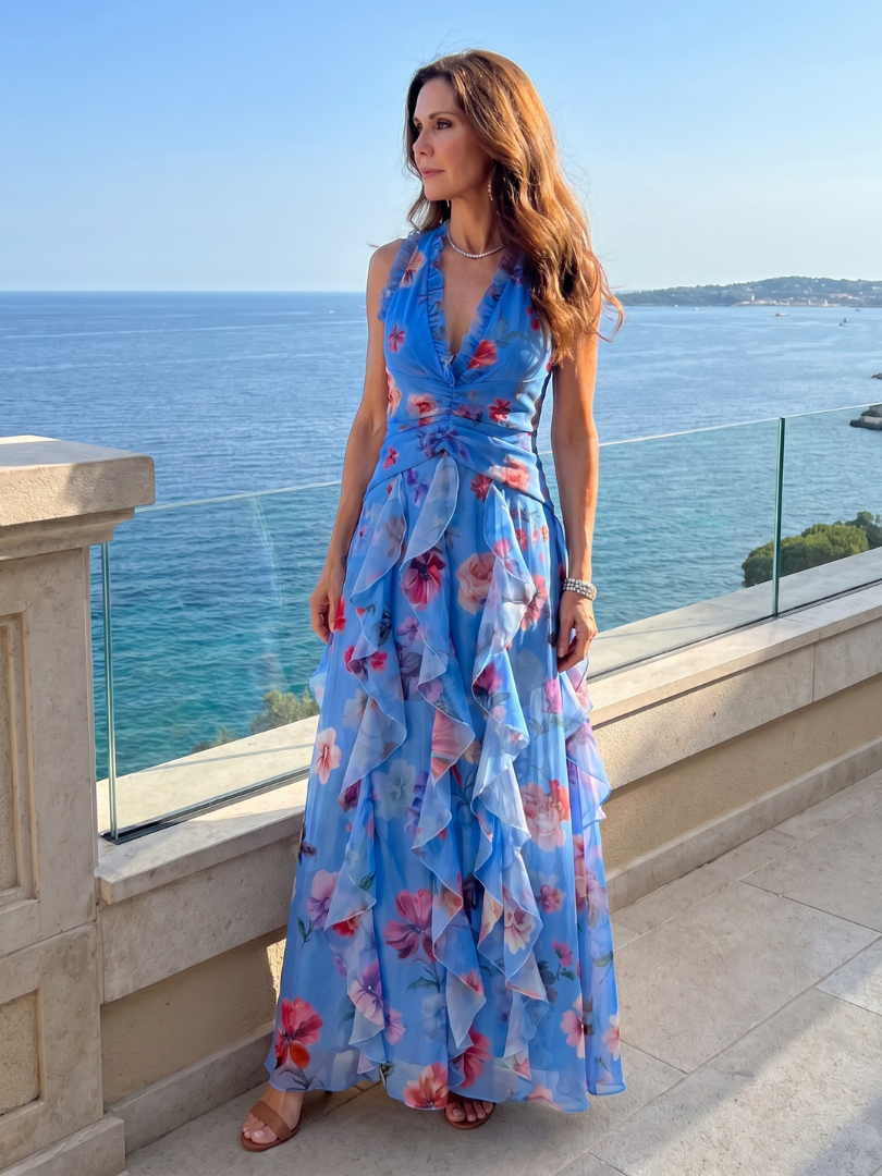 Robe longue fleurie bleue, col halter et corsage drapé, jupe volantée