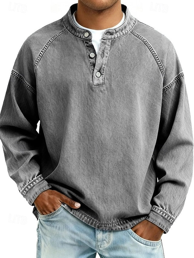 Pull henley manches longues délavé gris, col boutonné, poignets côtelés