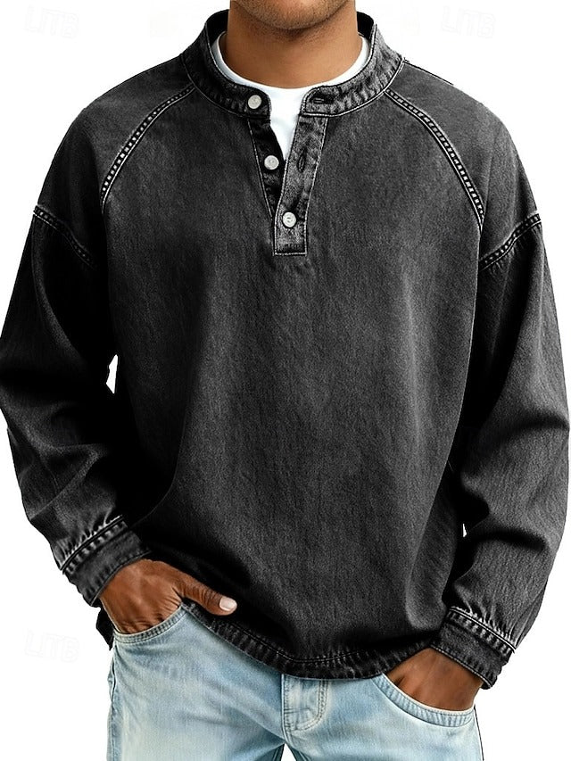 Pull henley manches longues délavé noir, patte boutonnée, poignets côtelés