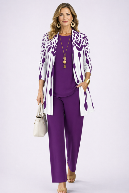 Ensemble 3 pièces violet et blanc : veste ouverte à motifs, pantalon droit et haut coordonné
