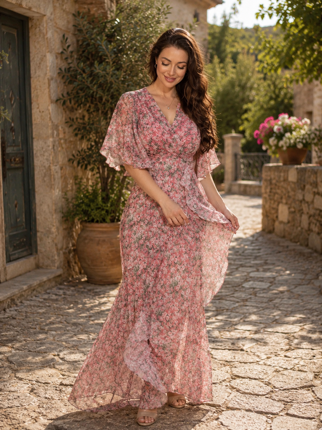 Camille | Robe longue cache-cœur florale à manches volantées