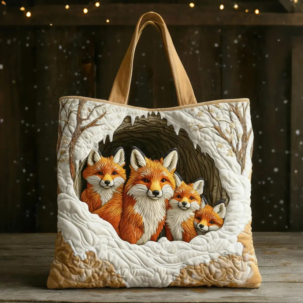 Sac matelassé crème avec motif renards roux et blancs, anses et poignée