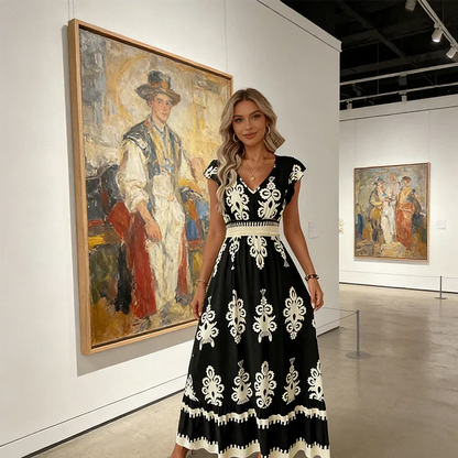 Robe longue noire à col en V, motifs floraux baroques blancs, ceinture élastique et ourlet contrasté