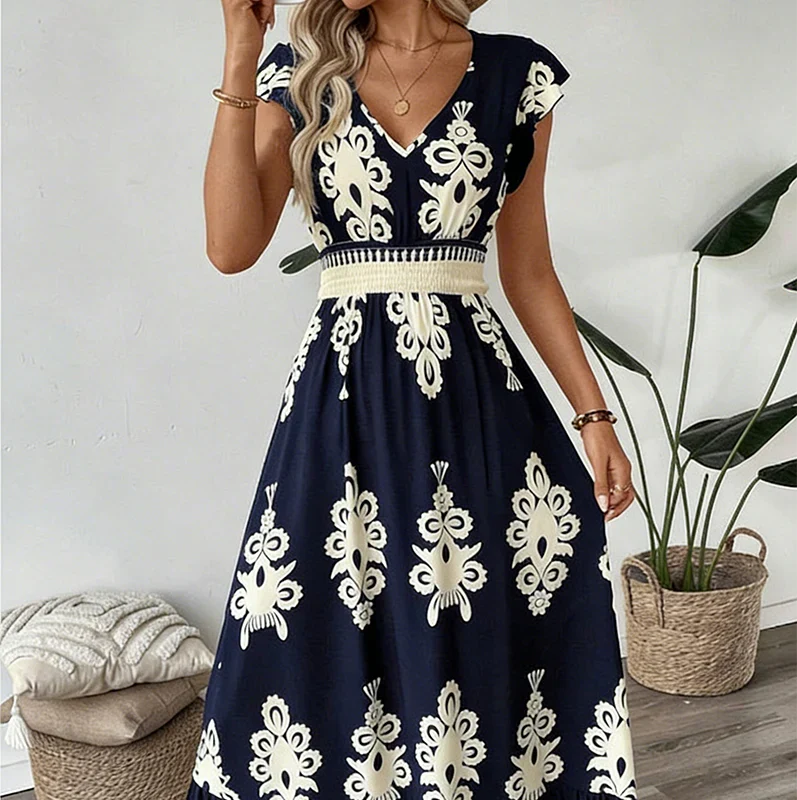 Robe longue col en V bleu marine à manches volantées, imprimé baroque blanc avec ceinture
