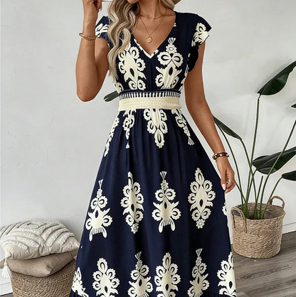 Robe longue col en V bleu marine à manches volantées, imprimé baroque blanc avec ceinture