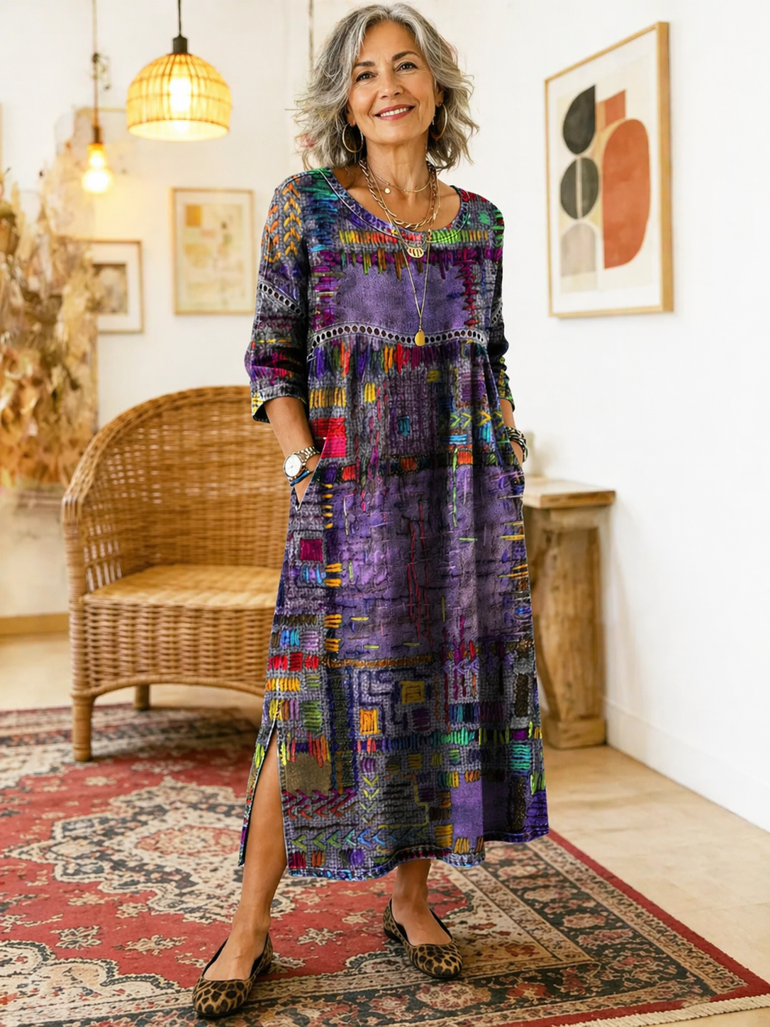 Robe longue patchwork en jean multicolore, col rond, manches 3/4, fente latérale.